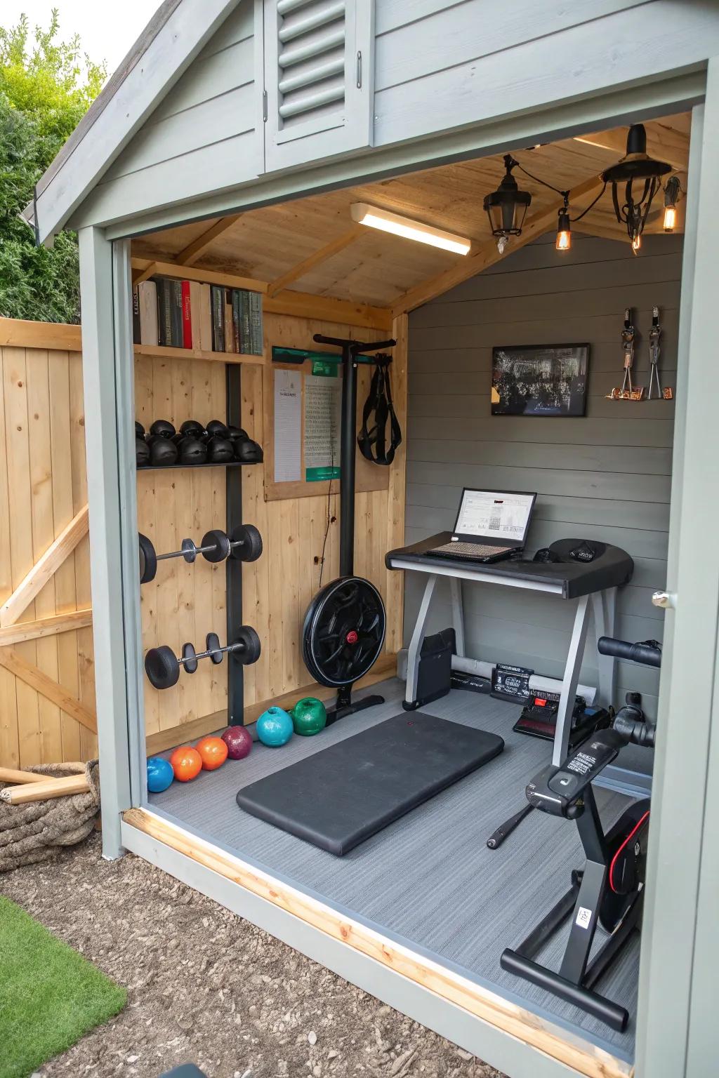 A shed transformed into a secluded gym and office retreat.