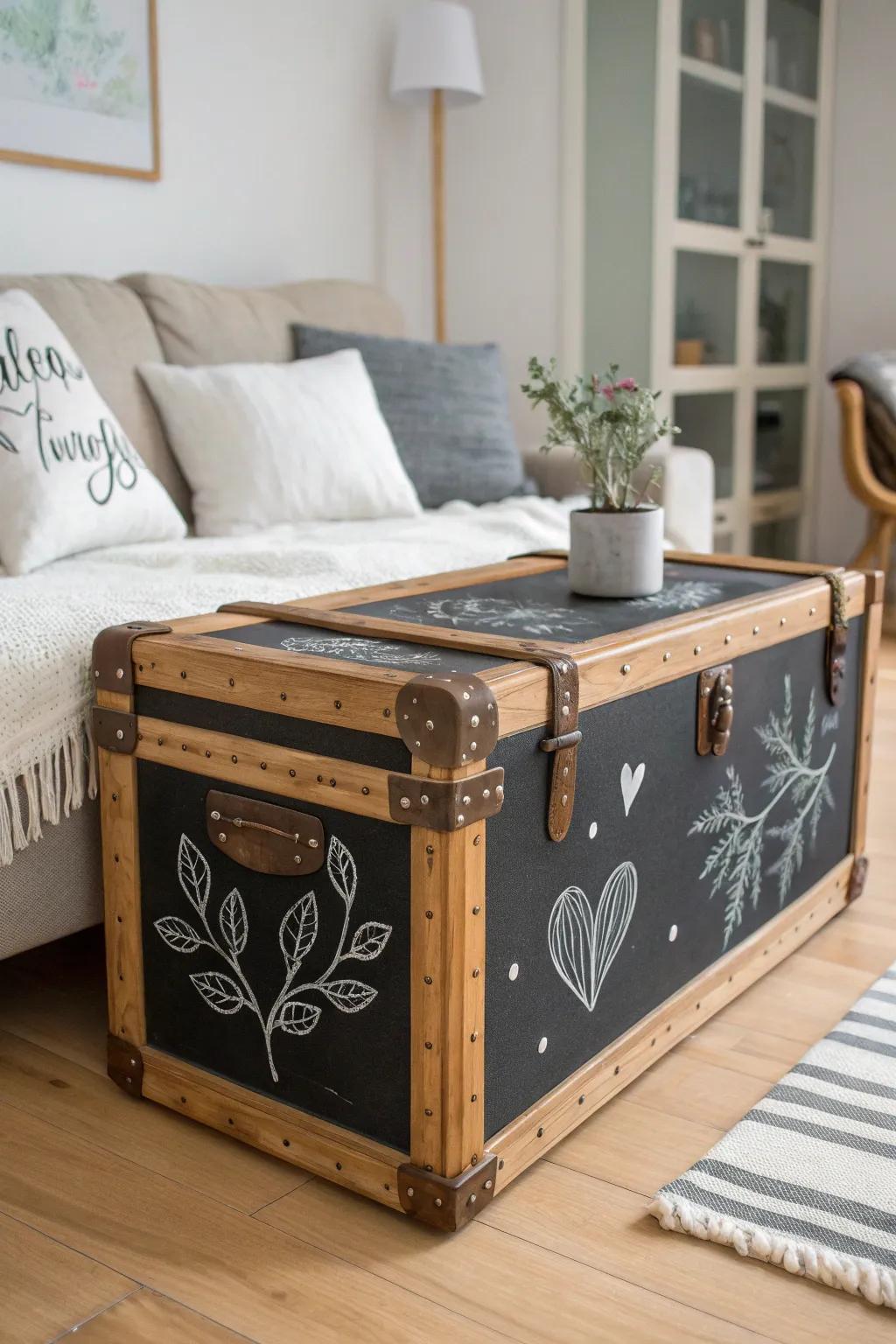Elevate your space with a touch of creativity and charm. 🎨✨ #ChalkboardTrunk #MinimalistBoho