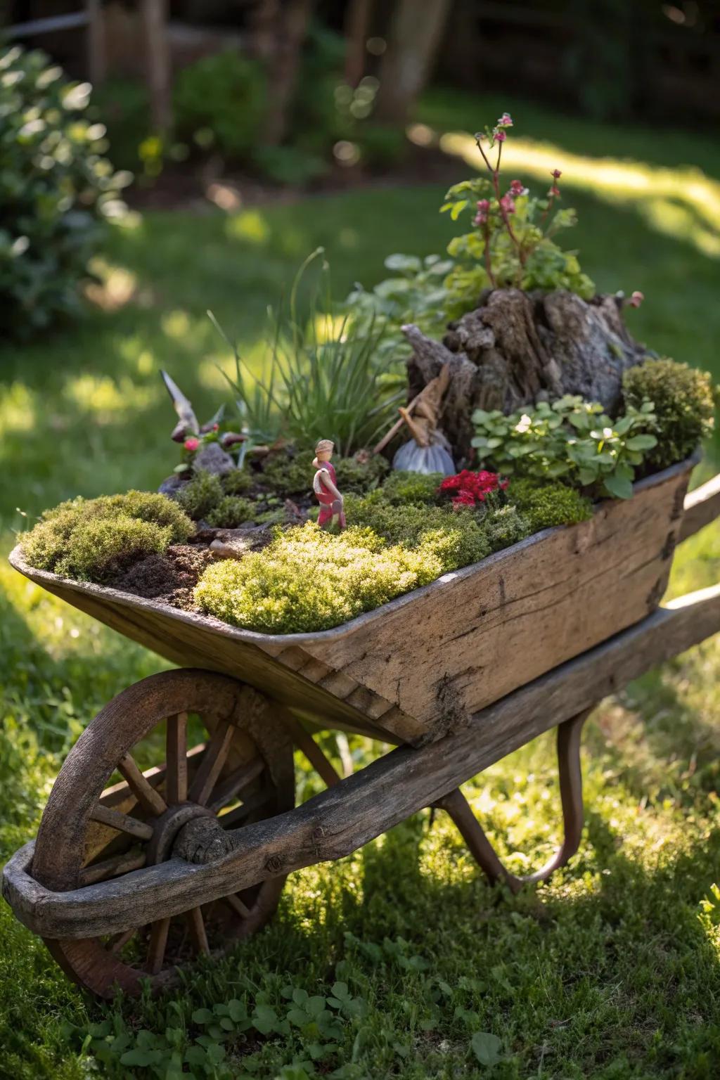 Craft your own enchanted escape with a wheelbarrow fairy garden, where magic meets craftsmanship.