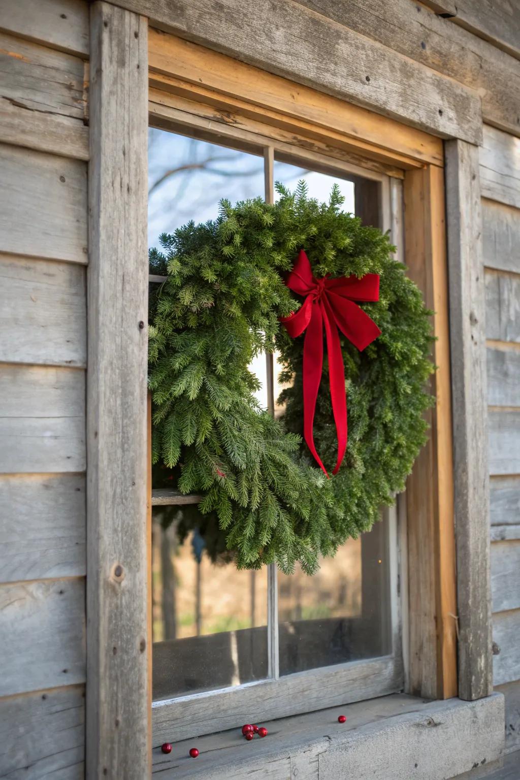Timeless Holiday Charm: A simple wreath and rustic window frame create a cozy, festive focal point.