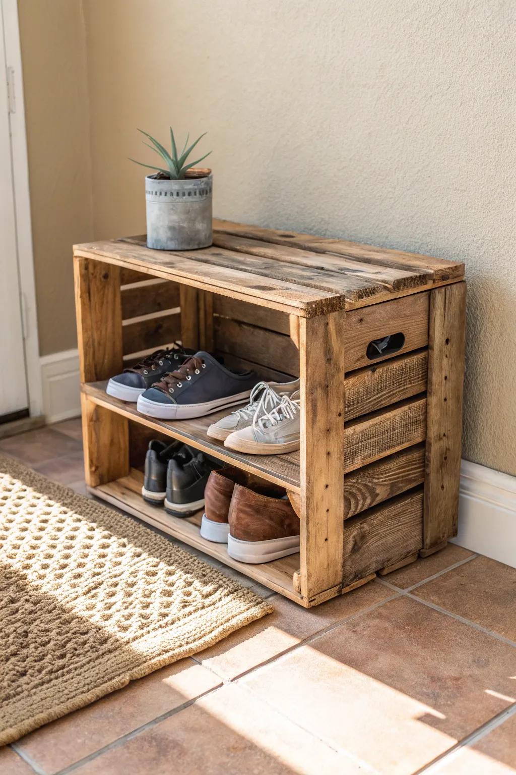 Transform your entryway with rustic elegance: A wooden crate shoe organizer.