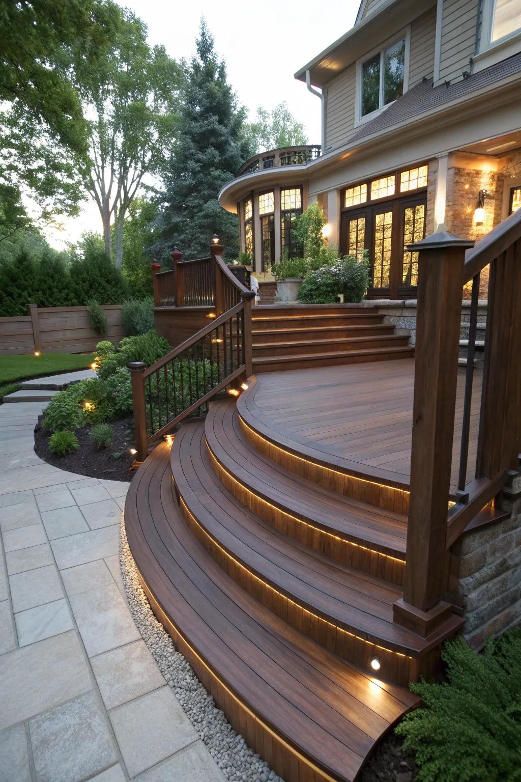 Embrace the elegance of curved staircases for a welcoming outdoor retreat.