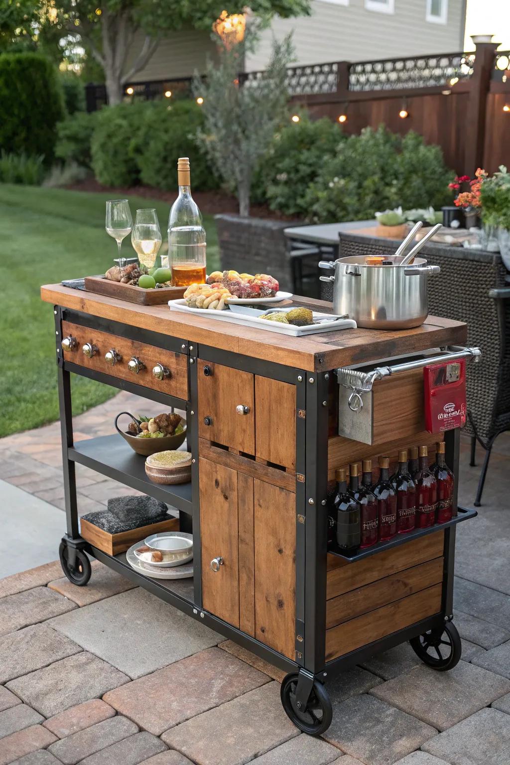 Elevate your outdoor gatherings with a handcrafted mobile kitchen cart that combines style and functionality.