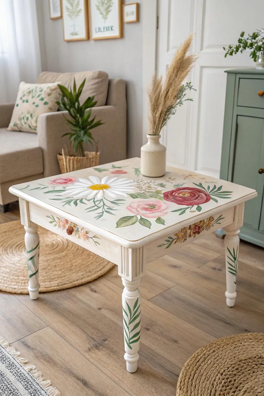 Bring the charm of a garden indoors with this hand-painted floral end table masterpiece.