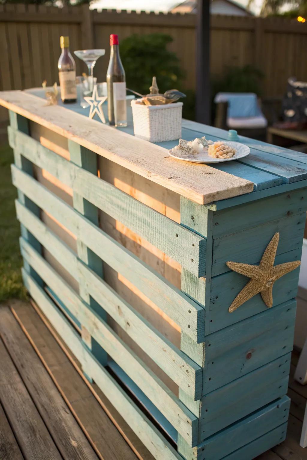 Transform your backyard into a coastal retreat with a handcrafted beach-style pallet bar.