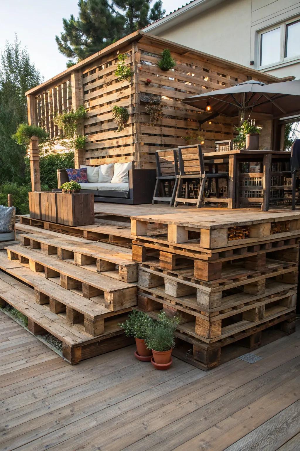 Elevate your outdoor space with a stunning multi-tiered pallet deck, perfect for hosting and relaxation.