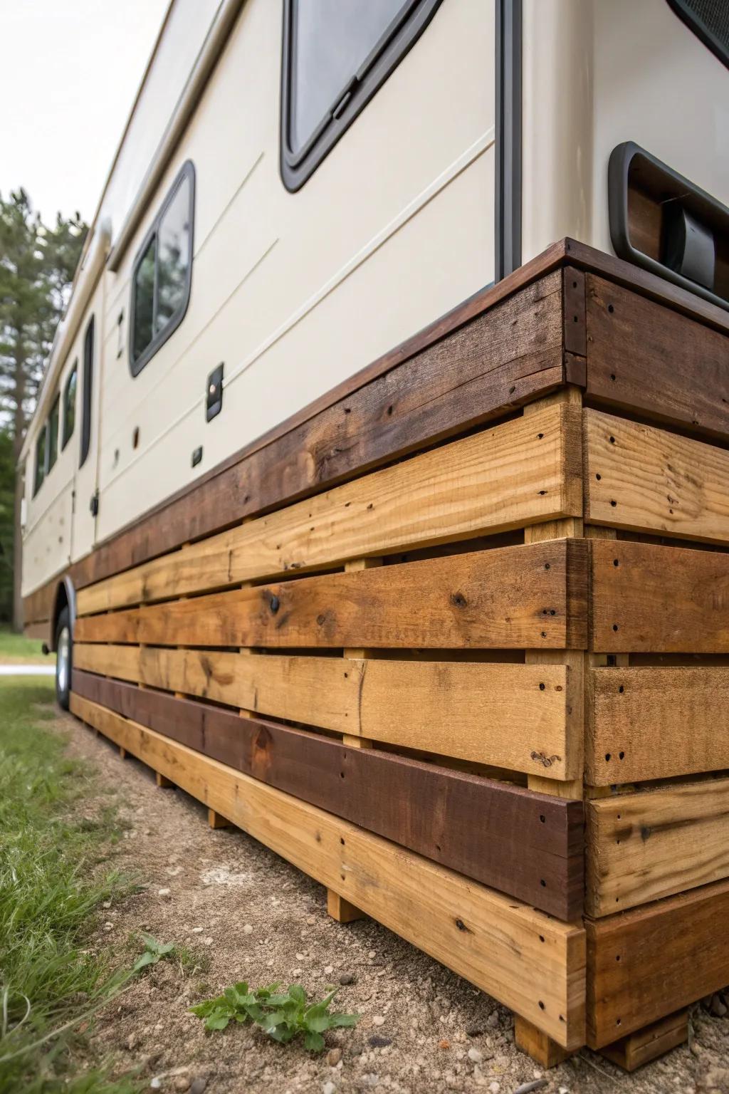 Elevate your RV's style with a two-toned pallet skirting that masters the art of contrast and craftsmanship.