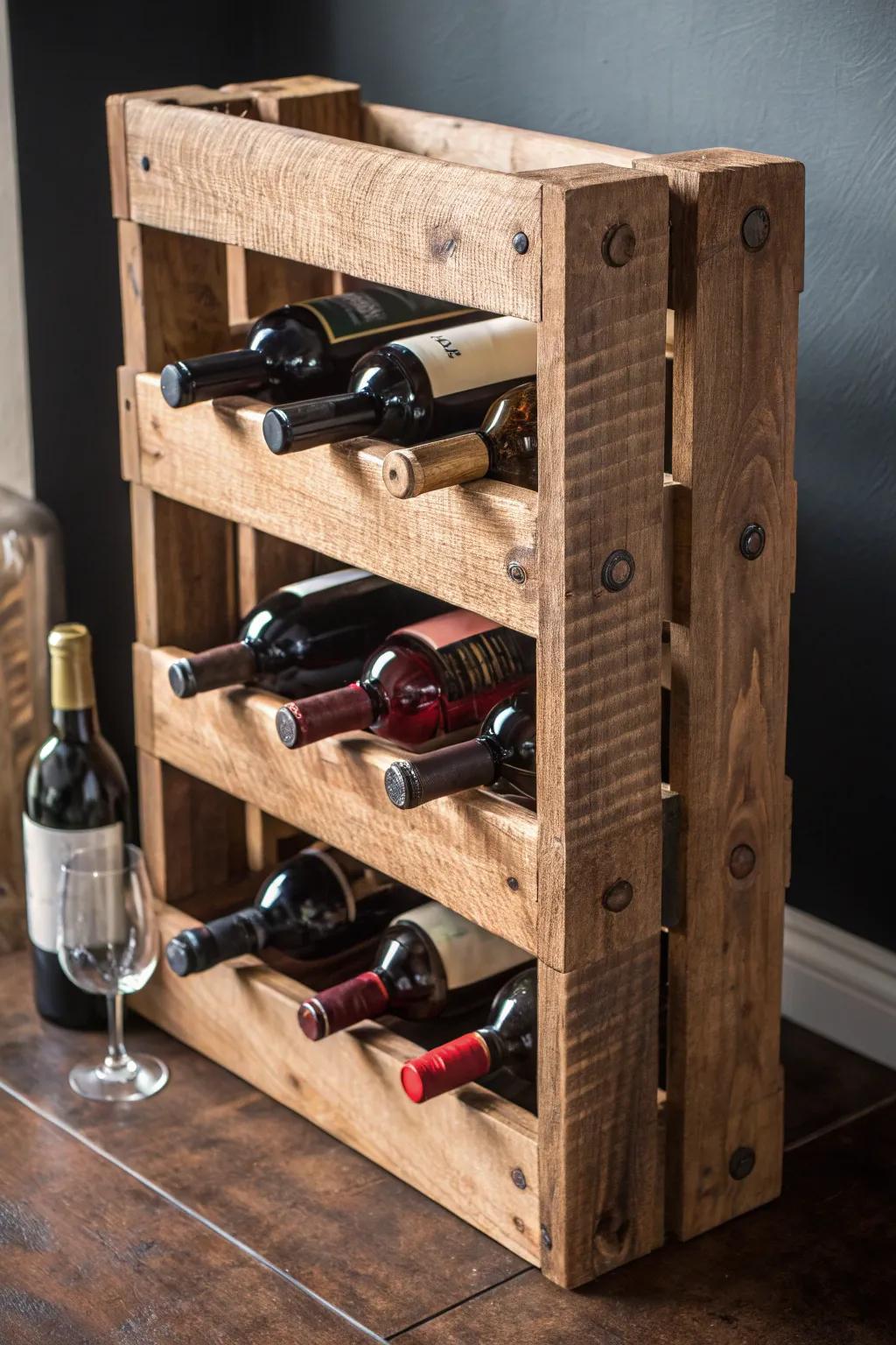 Elevate your wine collection with a rustic pallet wood wine rack, where craftsmanship meets style.