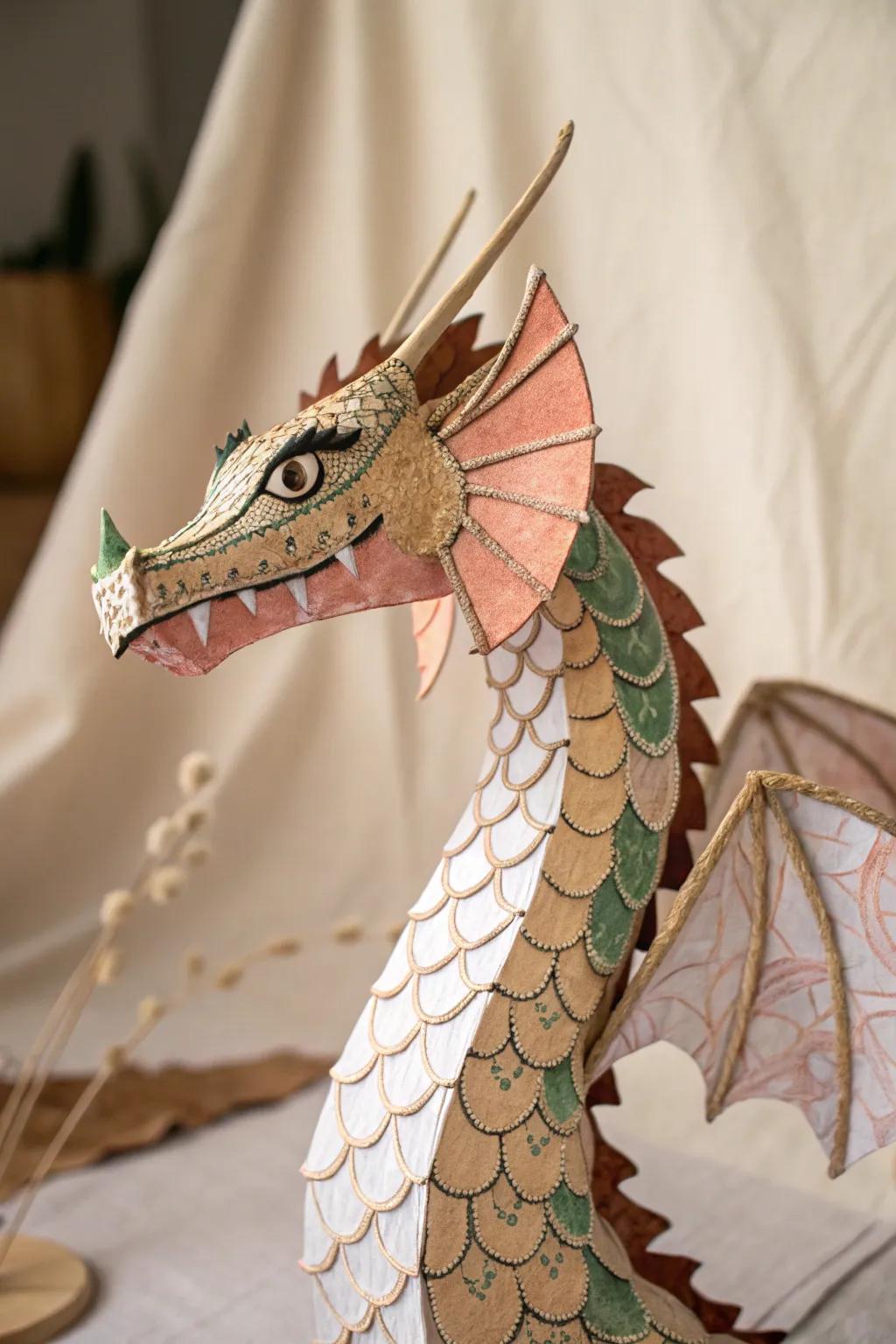 Immerse yourself in the art of intricate details with this stunning paper dragon puppet. Perfect for adding a touch of whimsy to your decor!