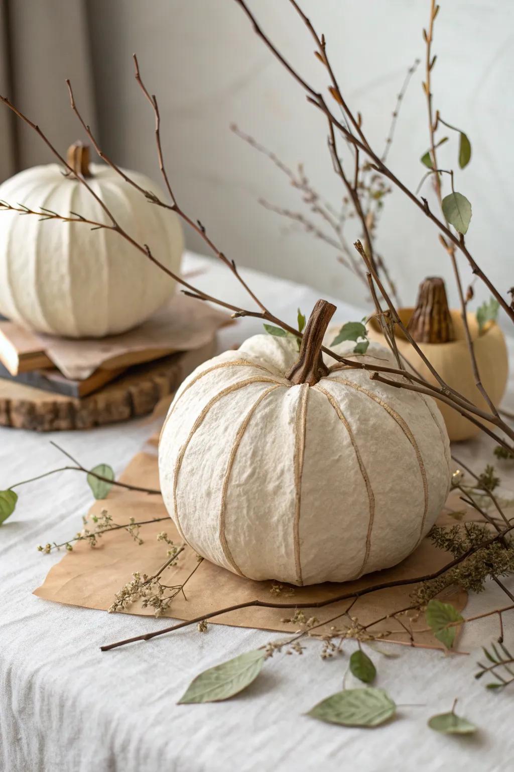 Embrace the season with a nature-inspired paper mache pumpkin, a perfect blend of minimalist design and boho charm.
