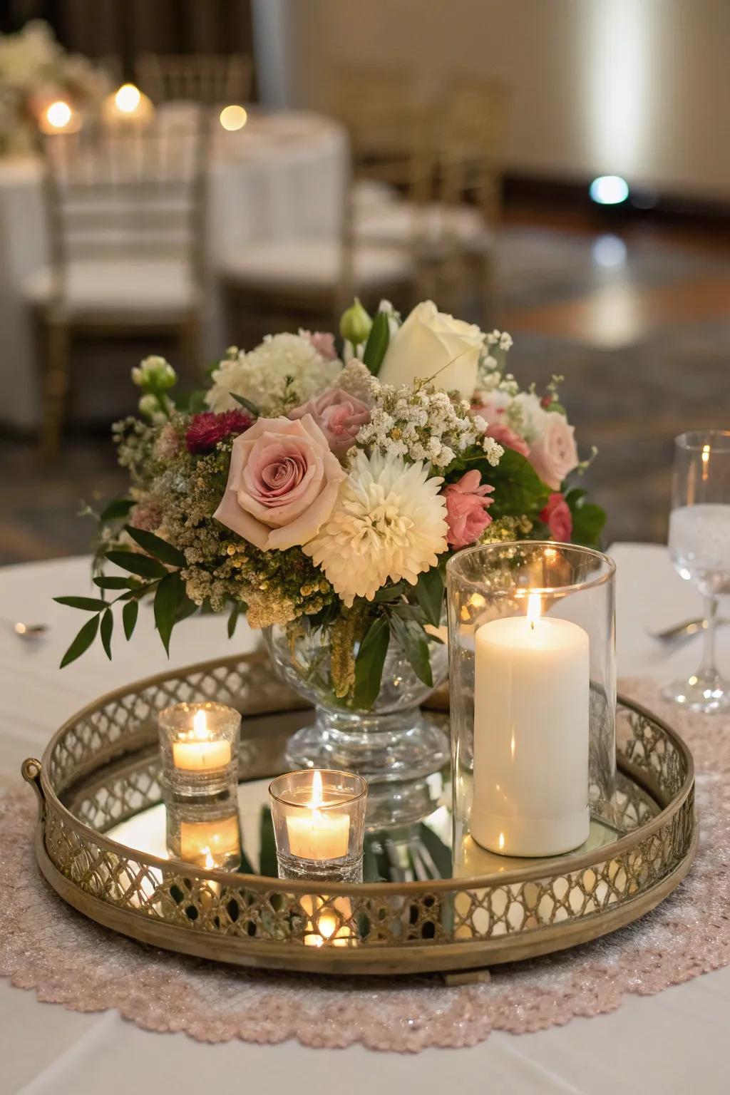 A Parisian centerpiece with a mirror base for added elegance.