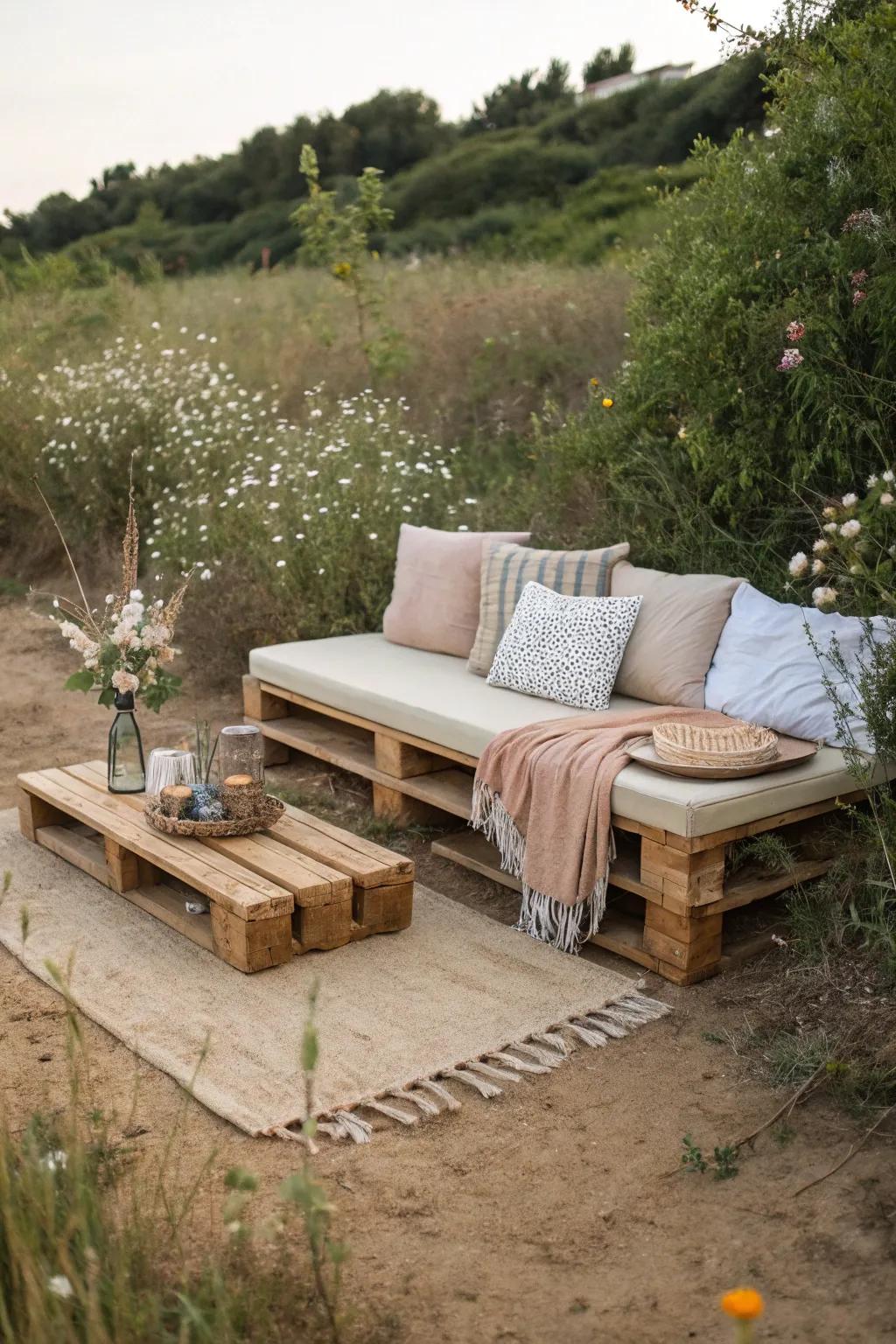 Transform your outdoor space into a serene retreat with a DIY seating area made from reclaimed wood. Embrace simplicity and natural beauty.