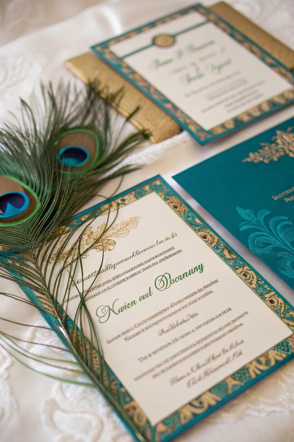 Elegant wedding invitations featuring peacock colors and feather accents.