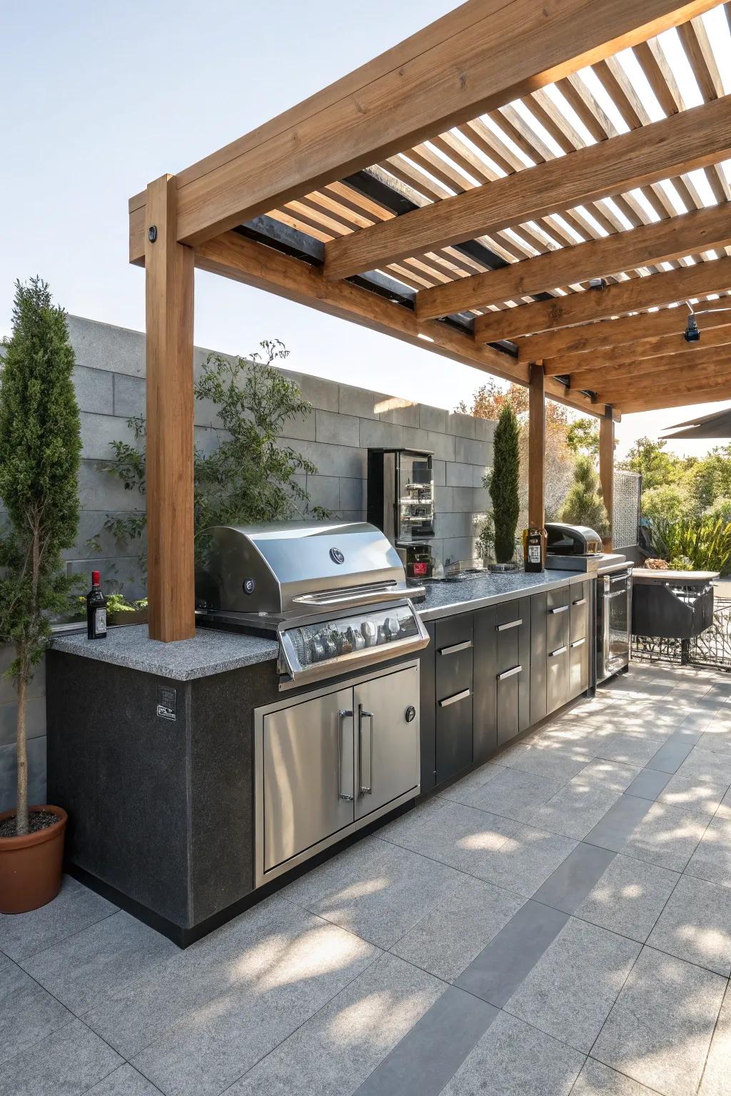 Elevate your grilling experience: A stunning outdoor kitchen under a pergola, where style meets functionality.