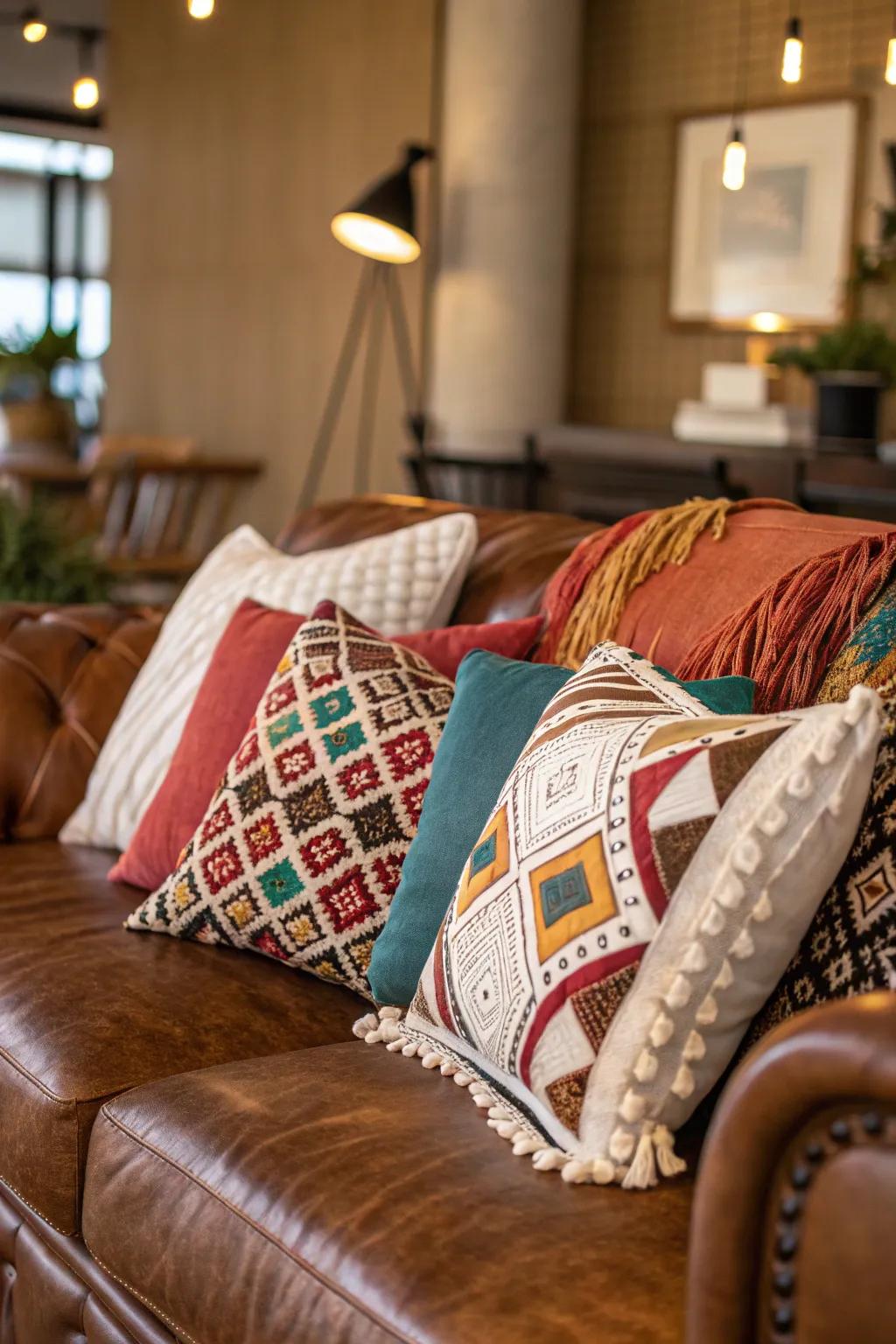 An eclectic mix of pillows brings bohemian charm to a leather couch.