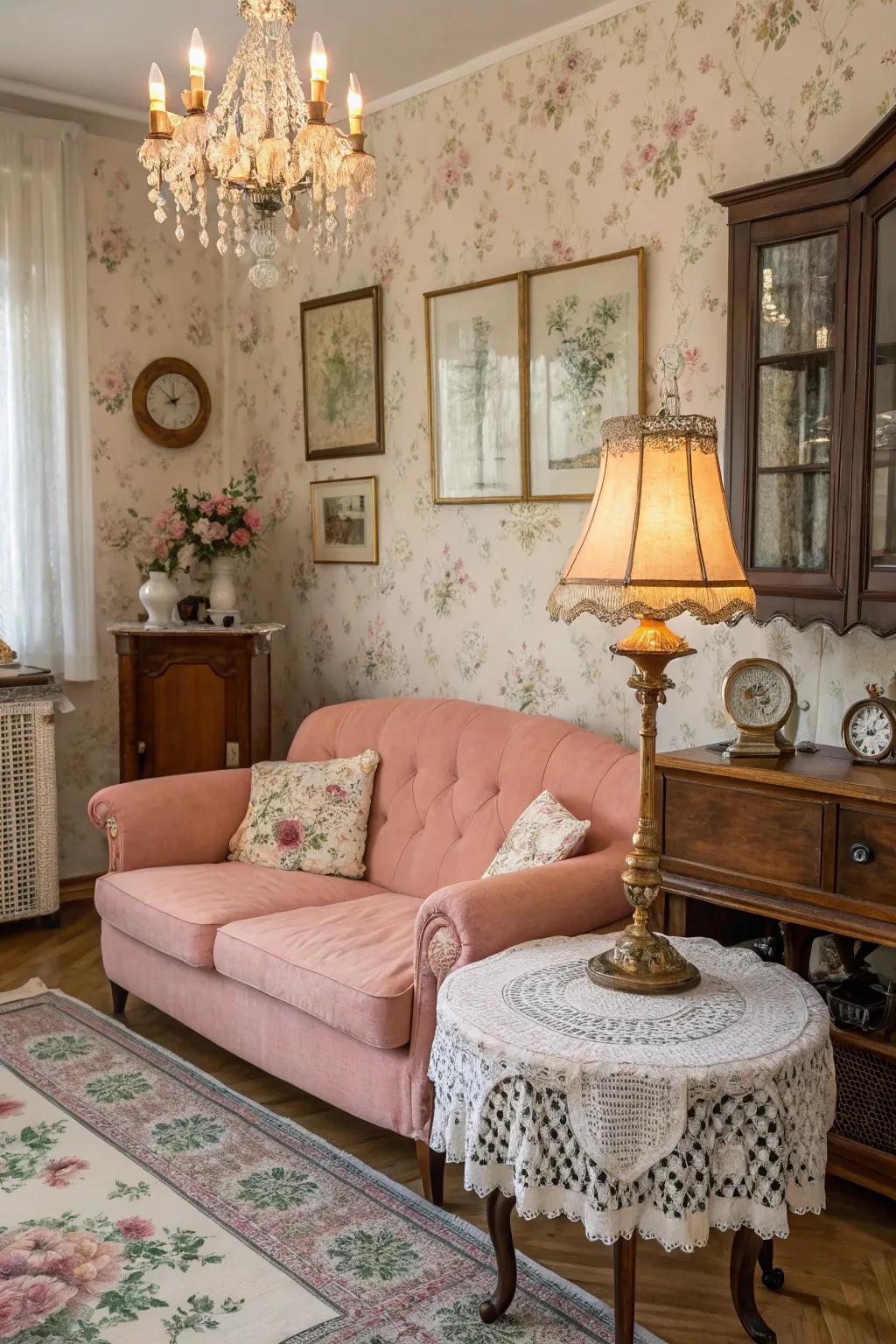 A pink couch can add charm to a vintage-themed living room.