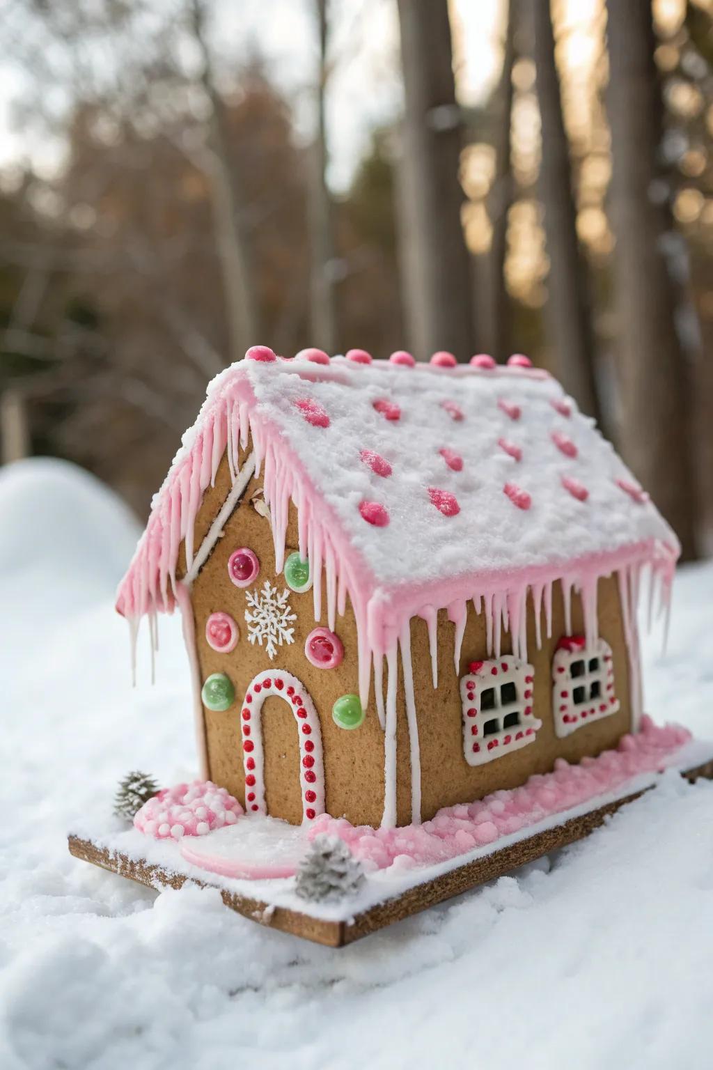 Icy pink icicles decorating a gingerbread house.