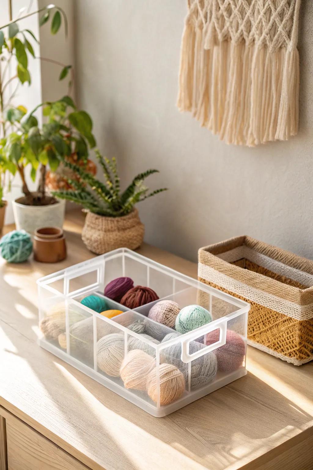 Embrace simplicity and elegance with a handmade transparent organizer, perfect for a tidy and stylish craft room.