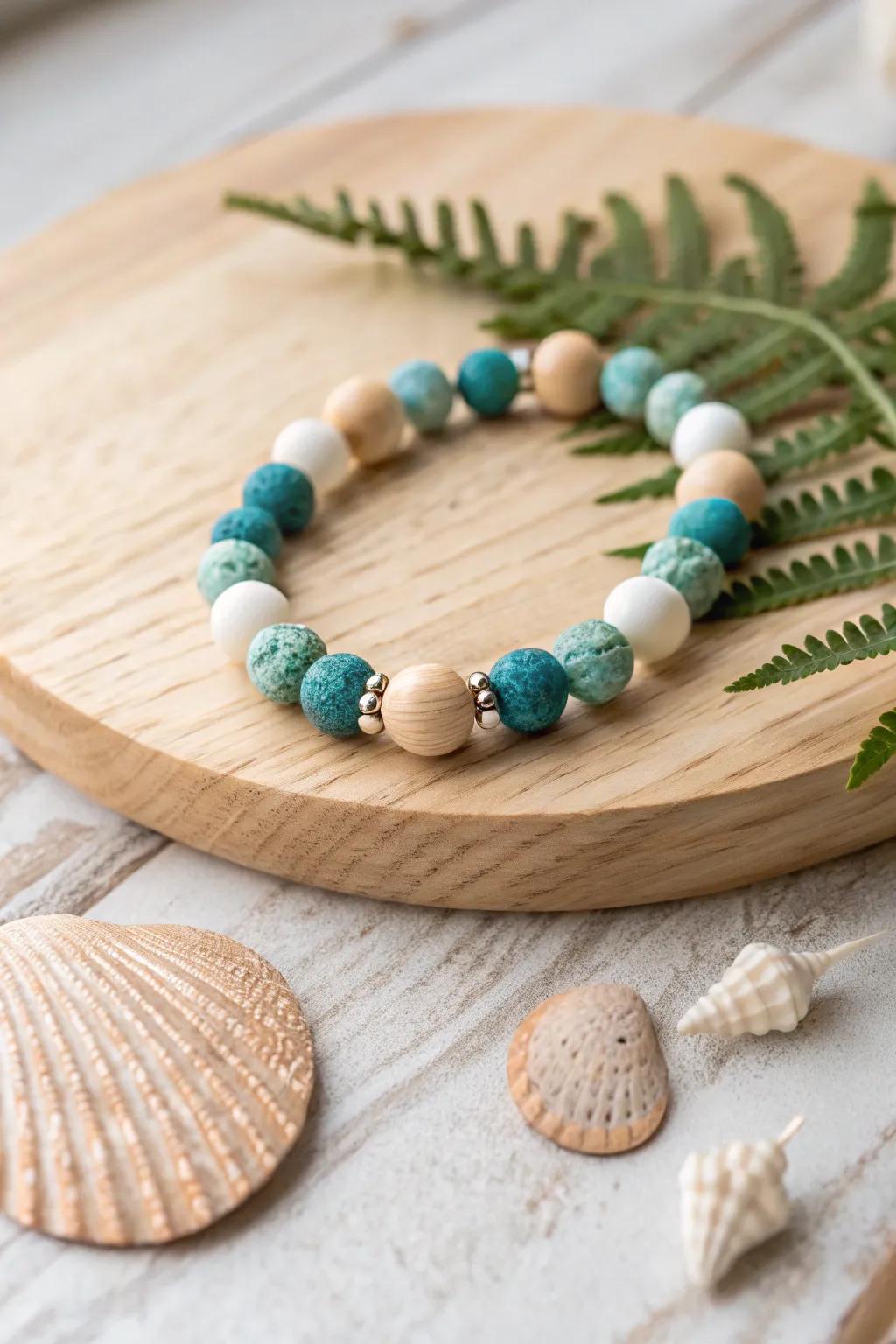 Dive into the serene beauty of ocean blues with this handcrafted polymer clay bracelet, a perfect blend of simplicity and elegance.