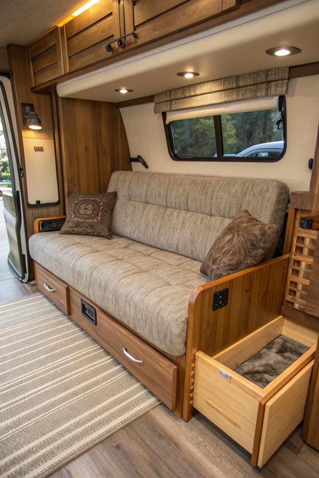 Transform your space with a stylish convertible sofa bed, blending comfort and craftsmanship in your pop-up camper.