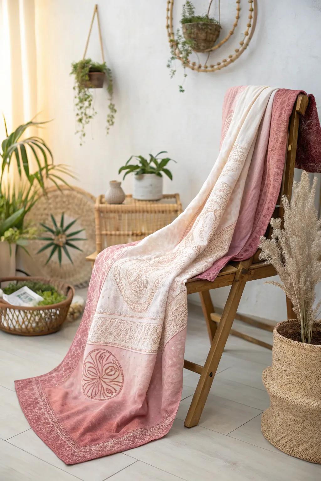 Embrace the beauty of nature with a handcrafted prayer blanket, dyed with love and beet juice.
