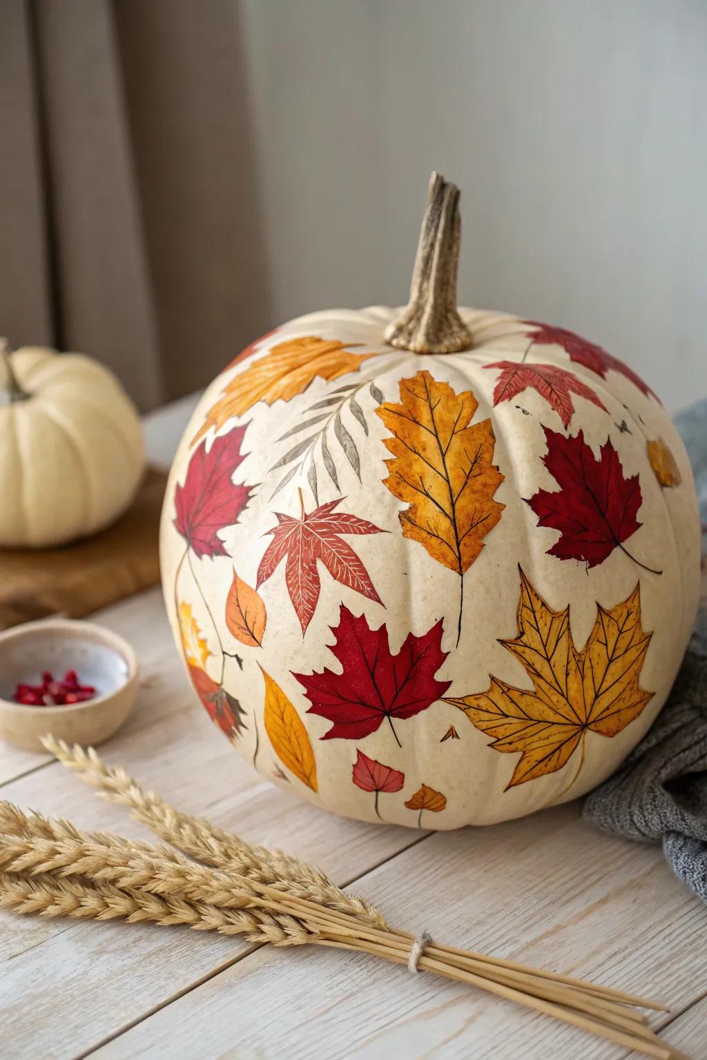 Embrace fall with a touch of artistry - a pumpkin adorned with vibrant autumn leaves.