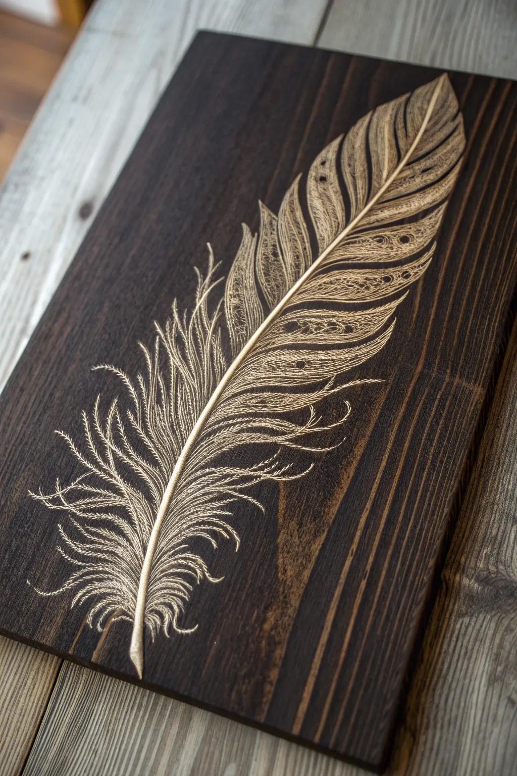 Master the art of pyrography with this intricate feather design, where craftsmanship meets natural elegance.