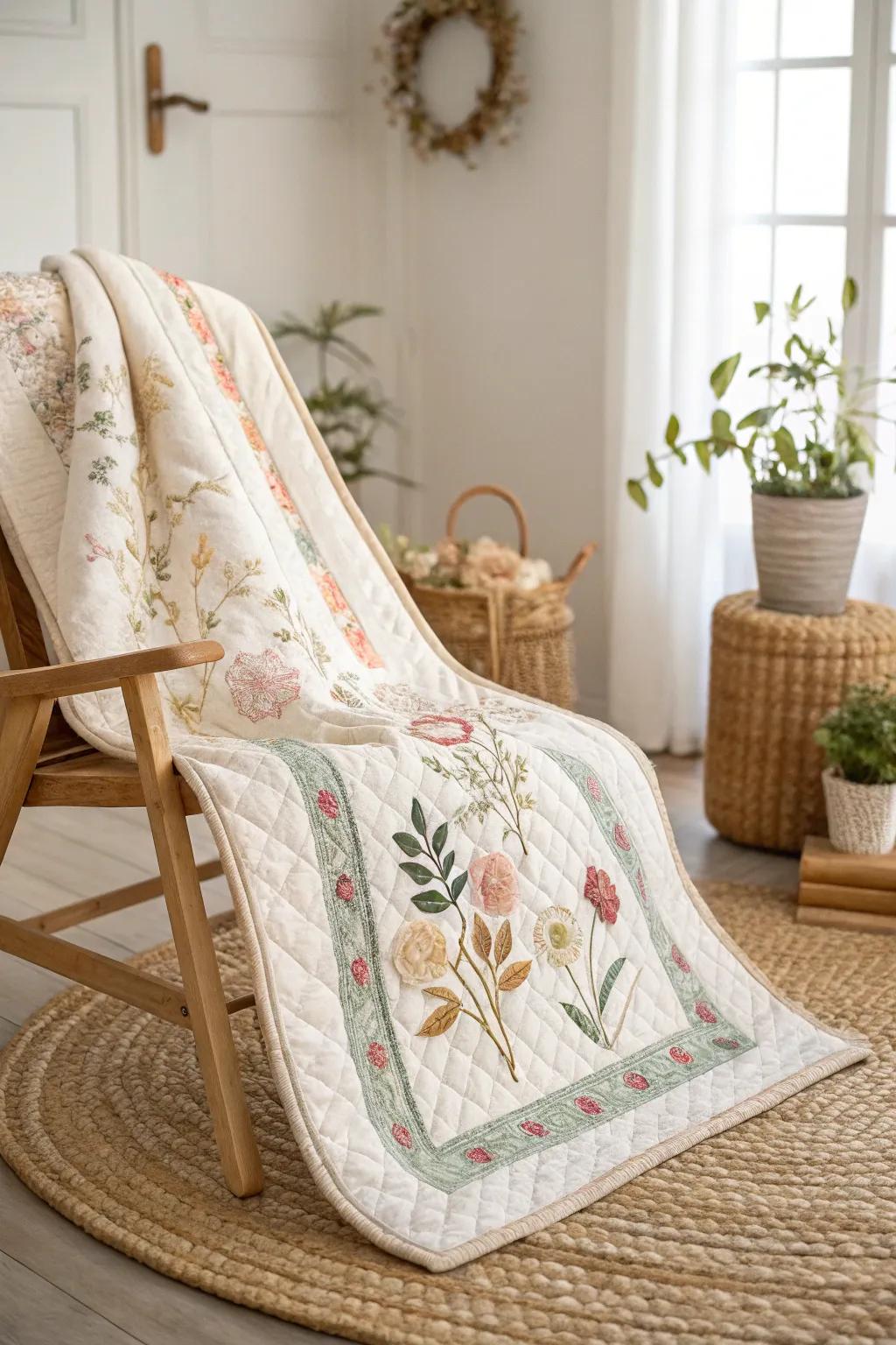Elevate your quilt with delicate appliqué accents, where simplicity meets subtle elegance.