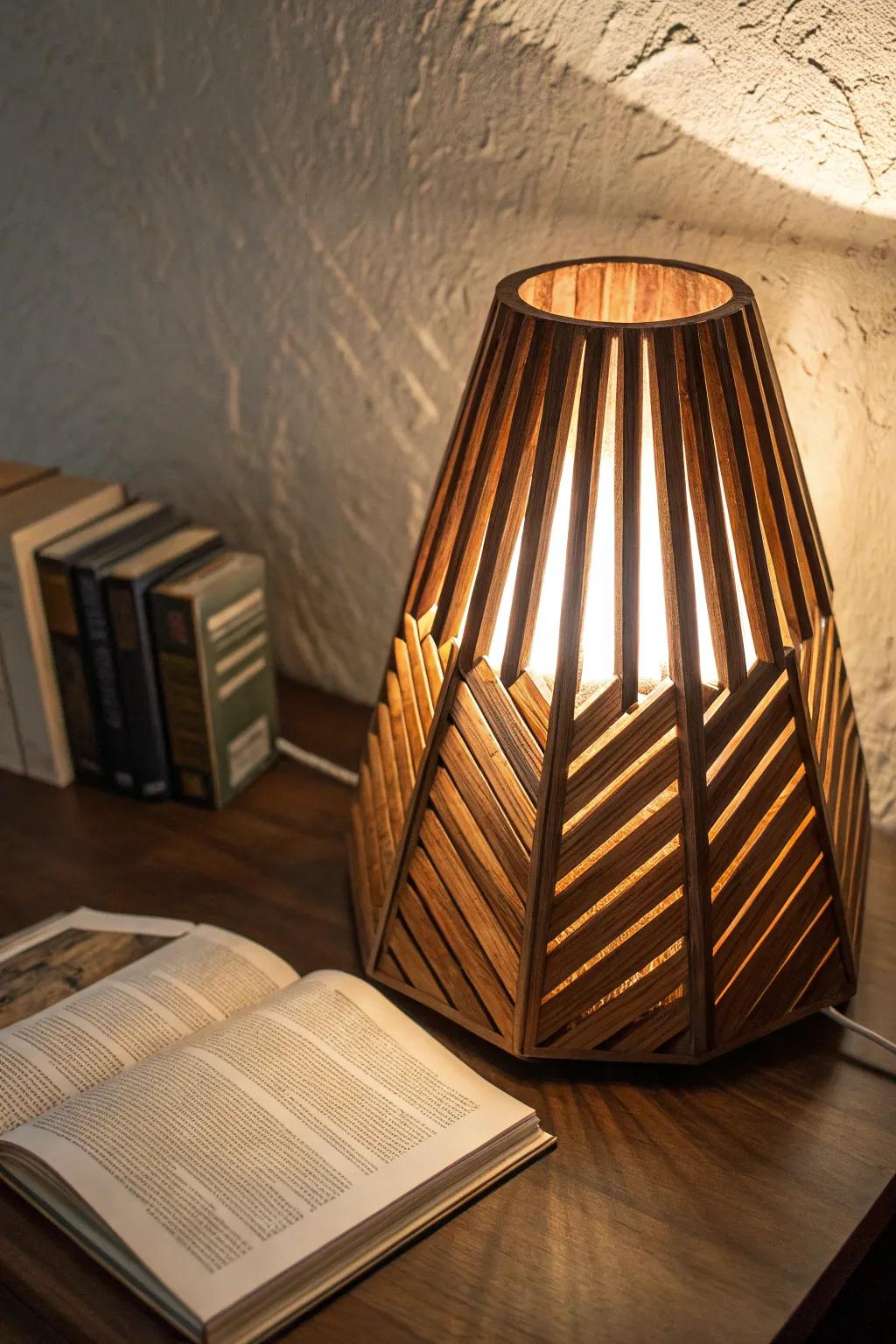 Elevate your space with handcrafted elegance: repurposed blind slats as stunning lamp covers.