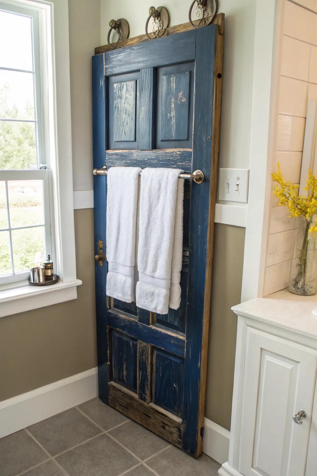 Transform your space with rustic charm: A stylish towel rack from a repurposed door.