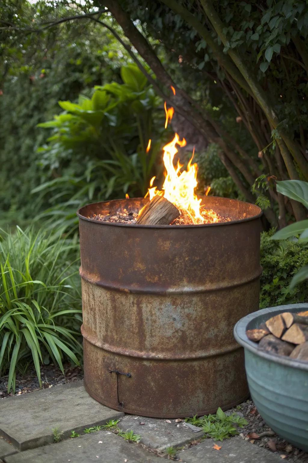 Ignite your outdoor space with industrial elegance: A rusted oil tank fire pit that blends rugged charm with natural beauty.
