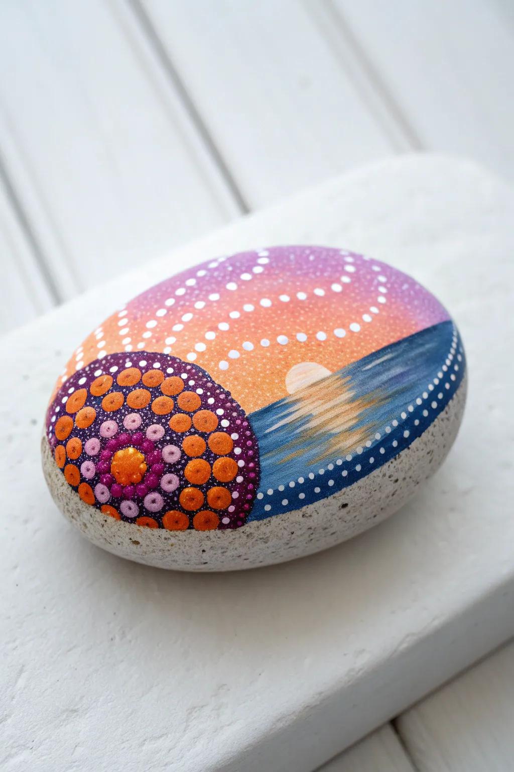 Discover the beauty of dot painting with this enchanting sunset on stone.