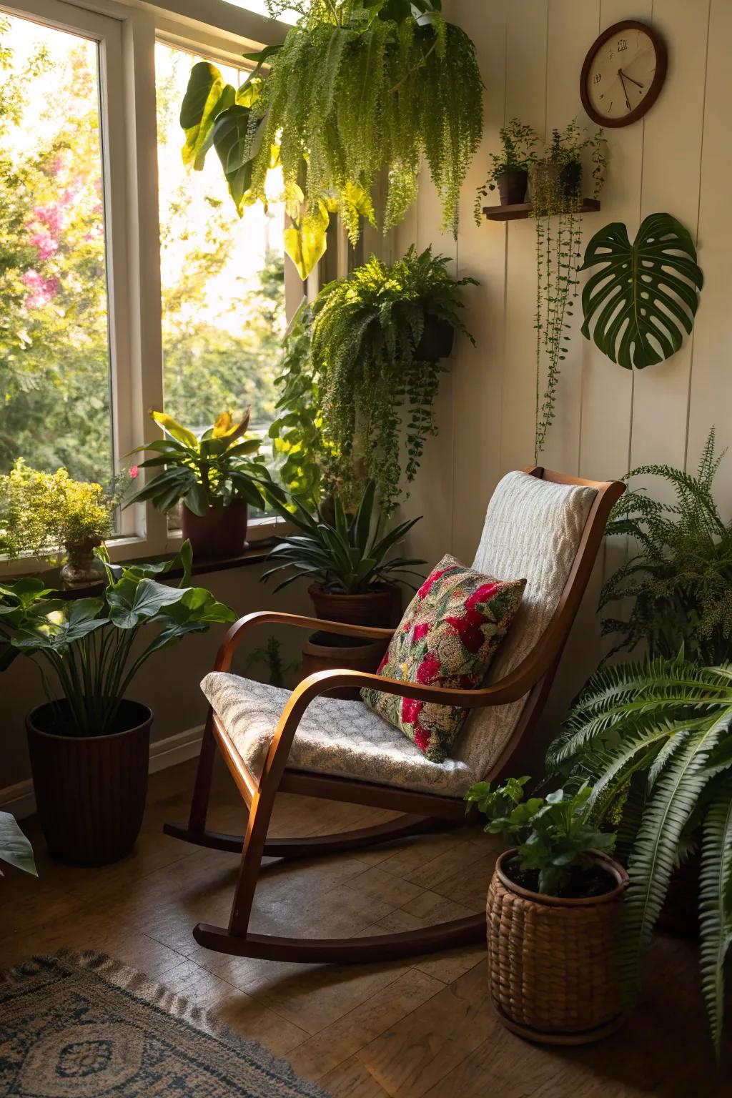 A rocking chair beautifully surrounded by lush greenery.