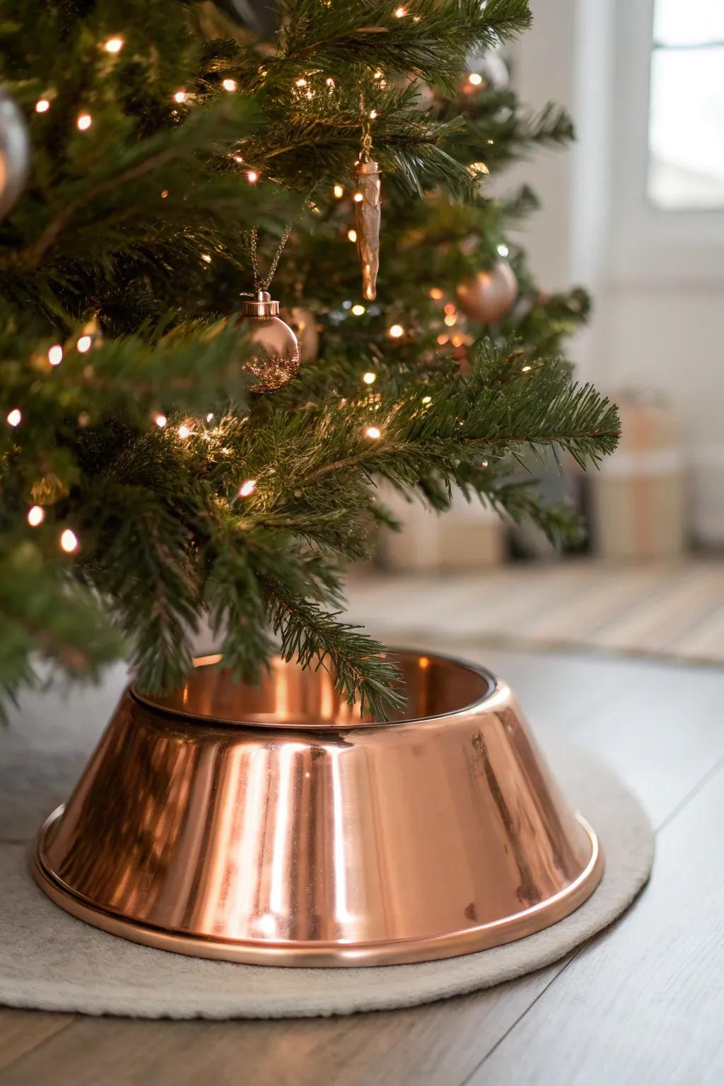 A metallic rose gold tree collar adds a modern touch to the tree.