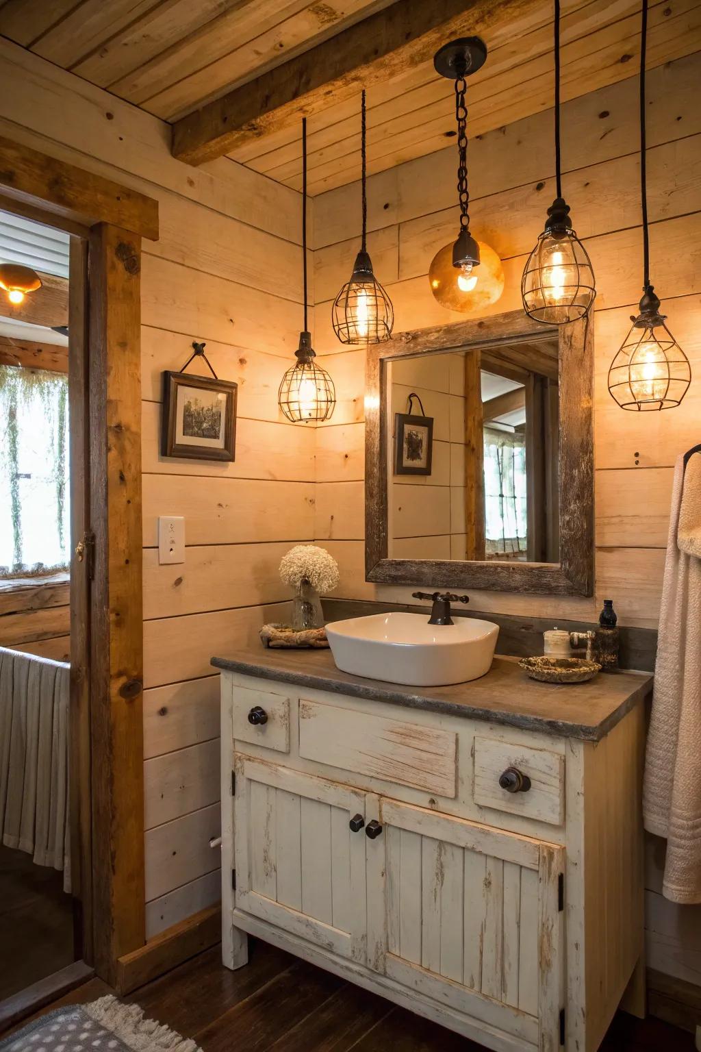 A rustic bathroom with pendant lighting above the vanity.