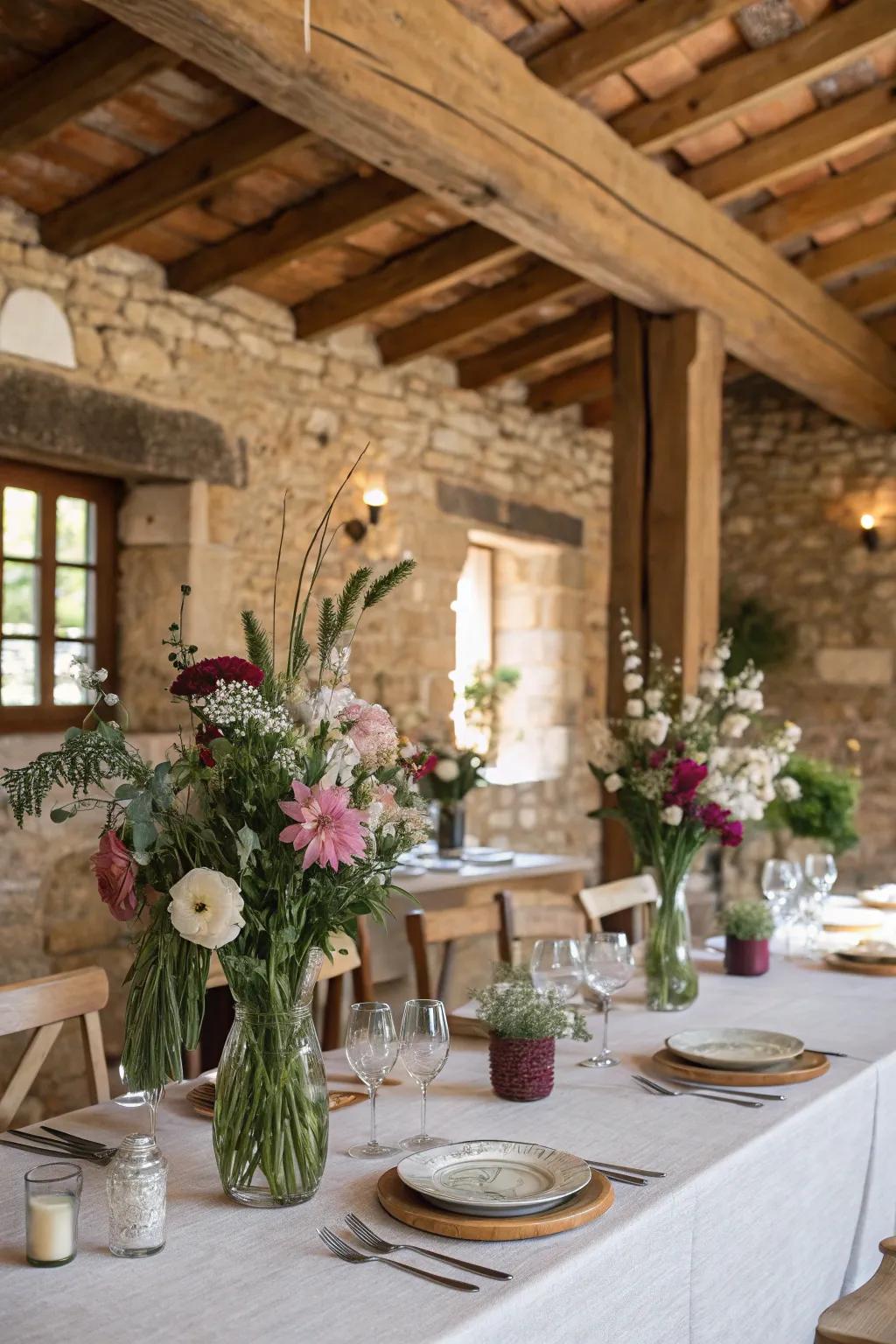Elegant floral arrangements add a natural touch to this rustic dining area.