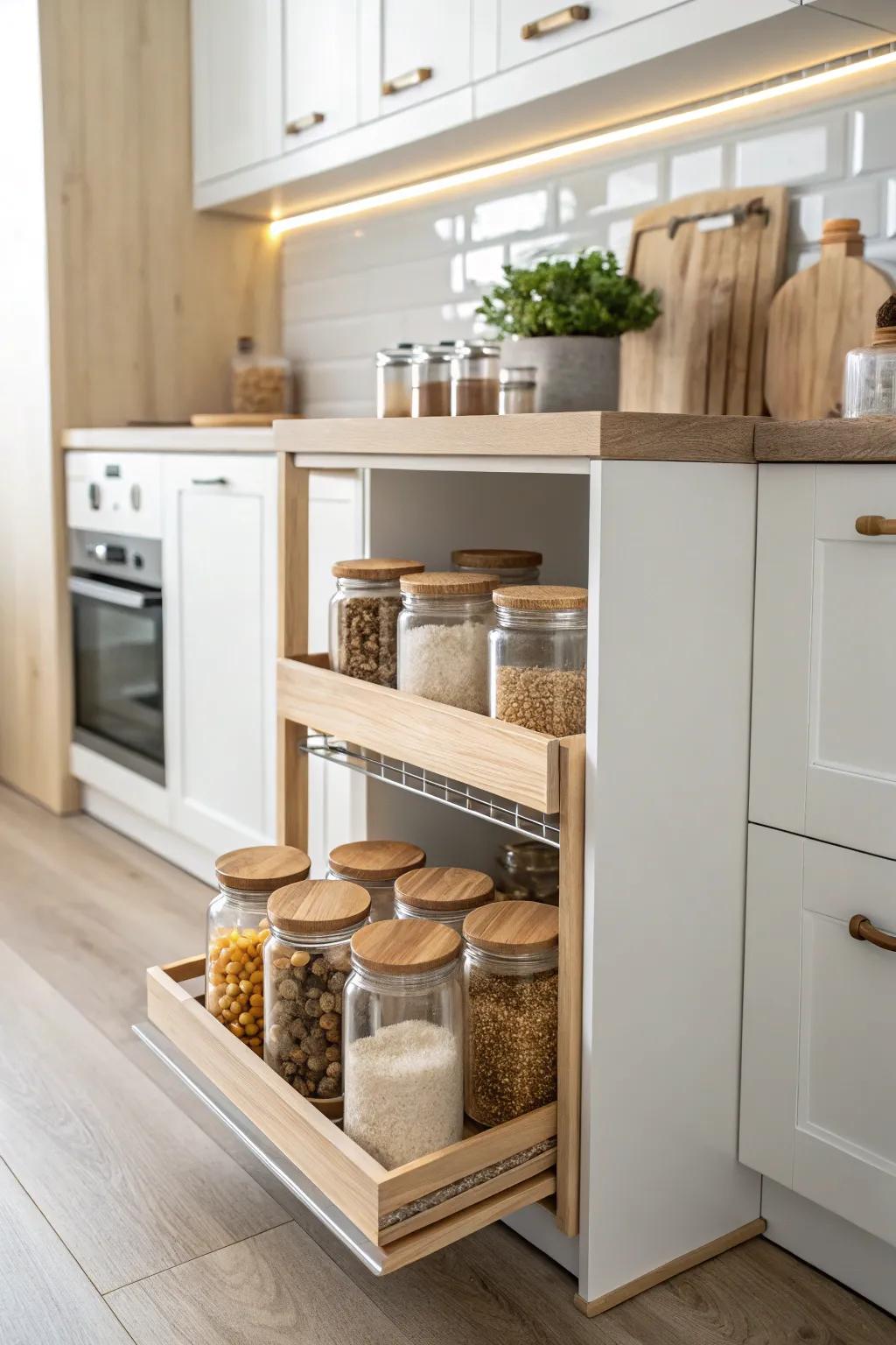 Transform your kitchen with pull-out pantry shelves – where style meets function effortlessly.