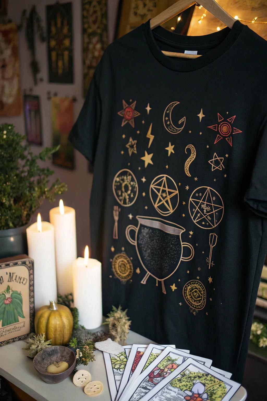 A magical shirt design inspired by witchcraft and enchanting symbols.