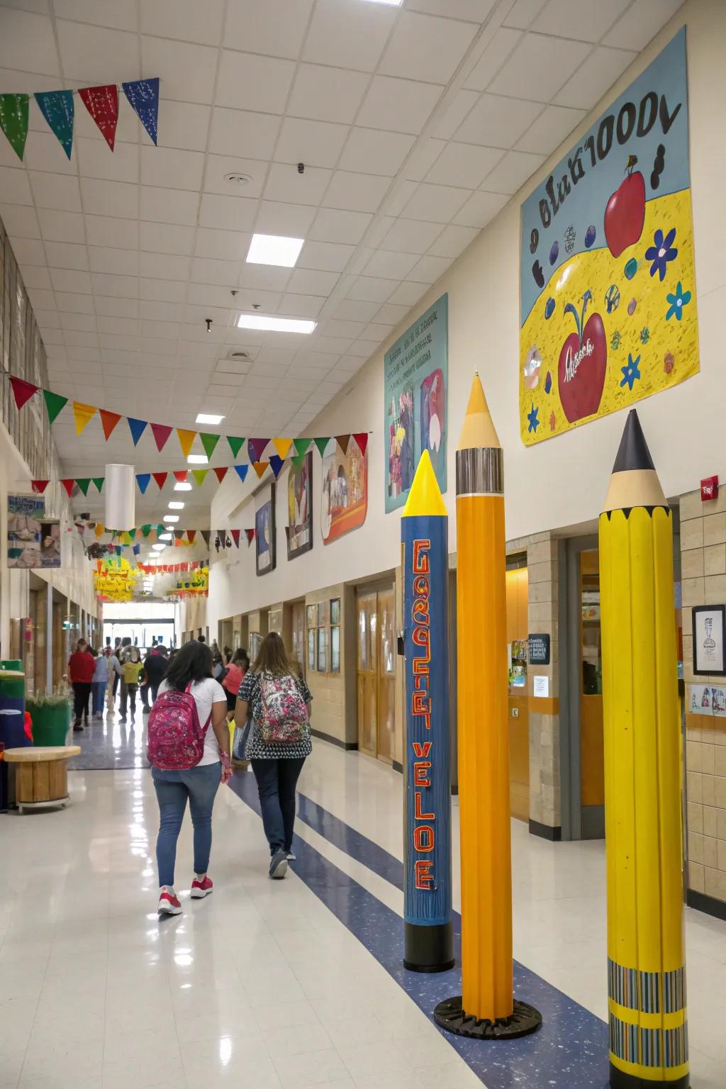 Creative elements in a school lobby, adding a playful touch.