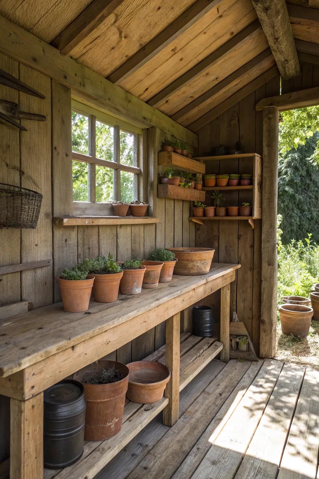 Find inspiration in the craftsmanship of a rustic potting shed—your perfect gardening retreat.