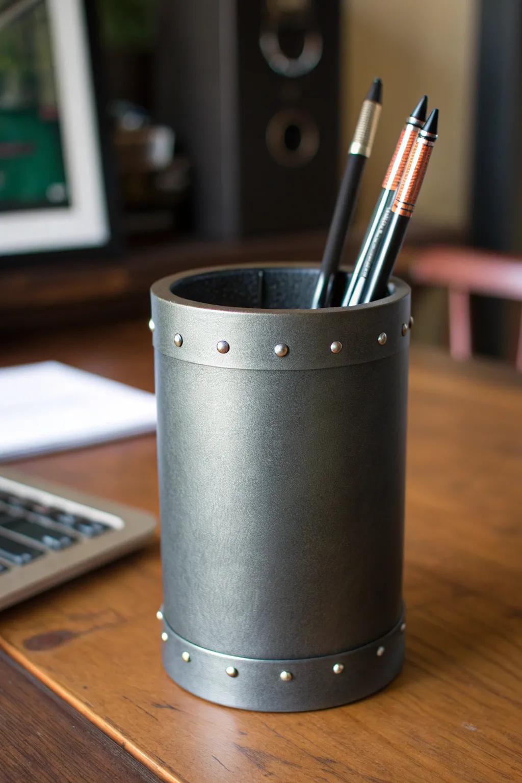 Elevate your workspace with this expertly crafted sheet metal pencil holder, where style meets functionality.