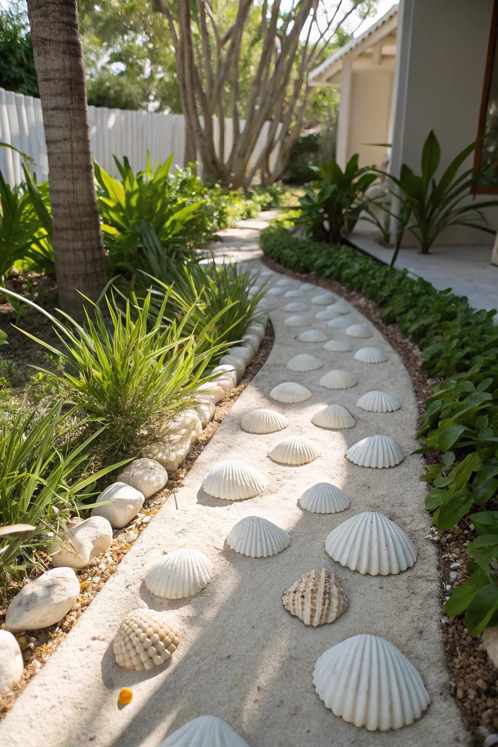 Transform your garden into a coastal haven with a seashell-lined pathway that whispers tranquility.
