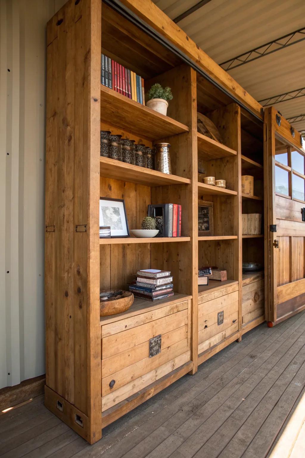 Transform your space with custom-built shelves using recycled wood for a rustic yet modern touch.