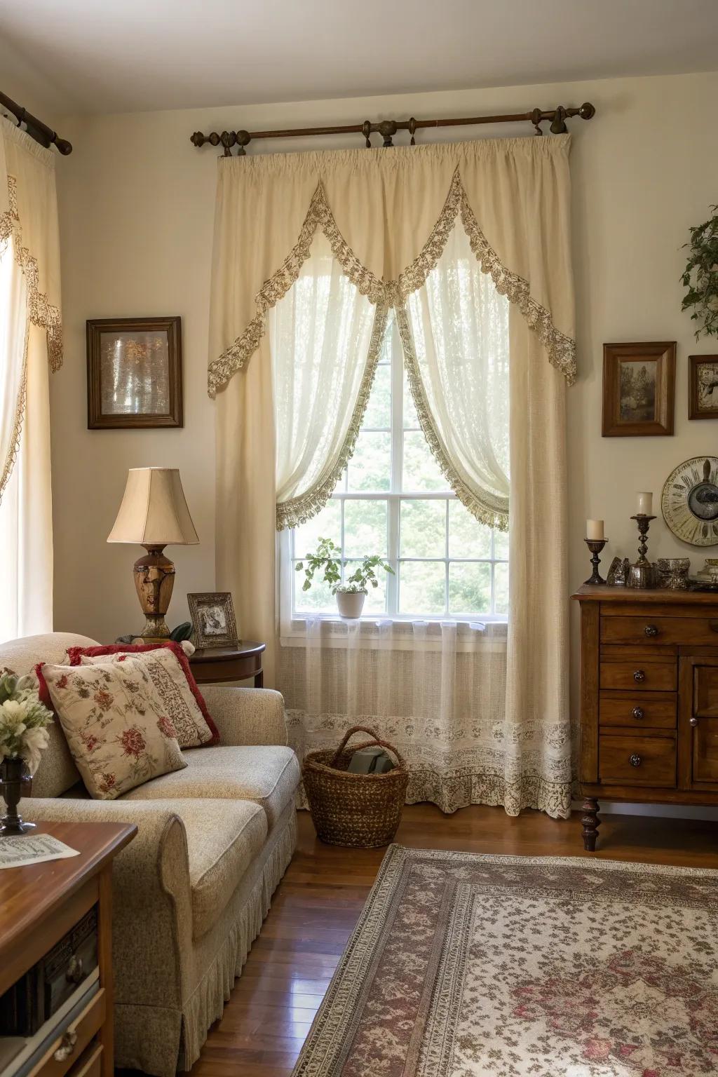 Scalloped edge short curtains adding a whimsical touch.