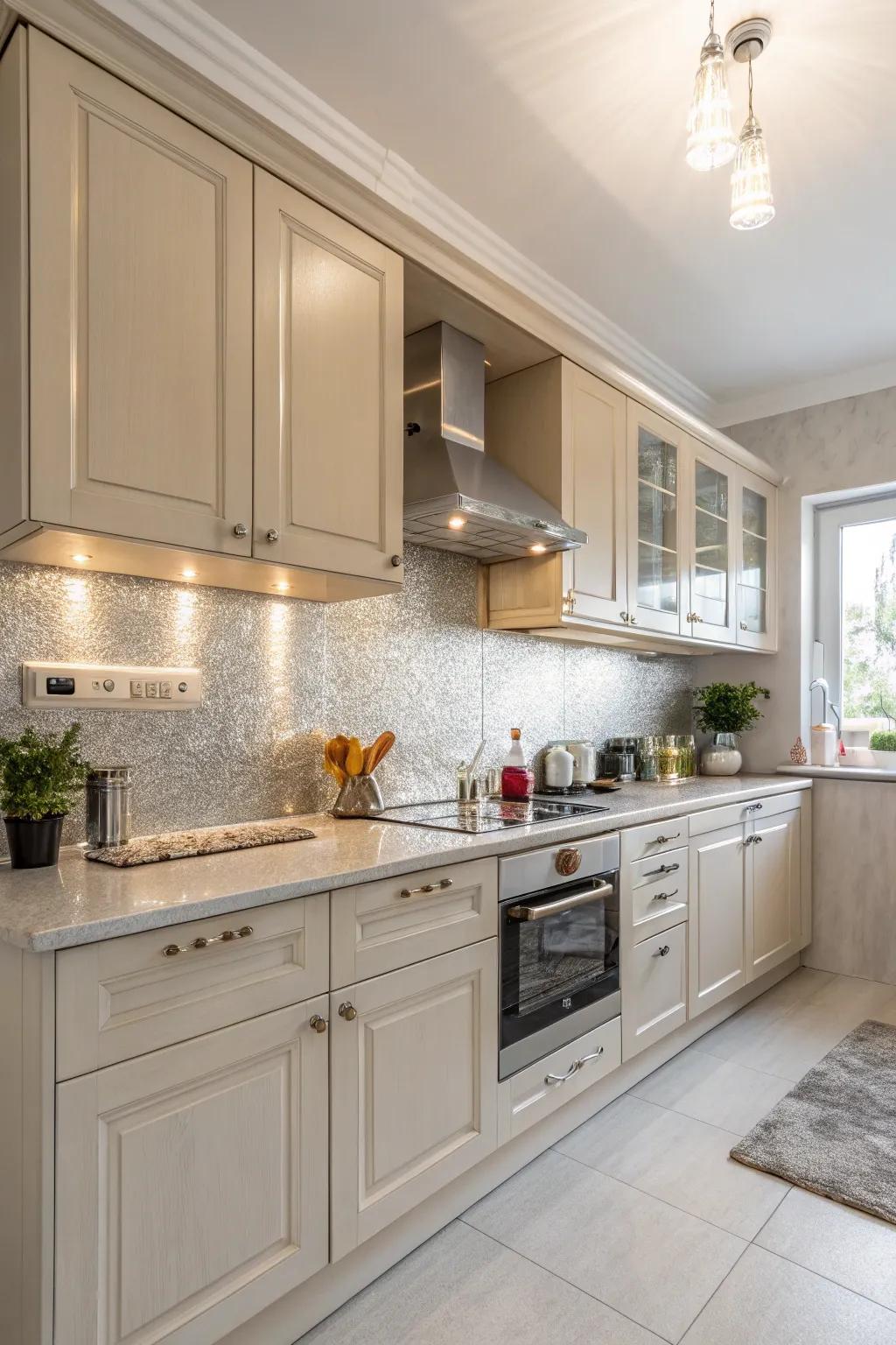 A bright kitchen with a silver backsplash paired with white cabinets.