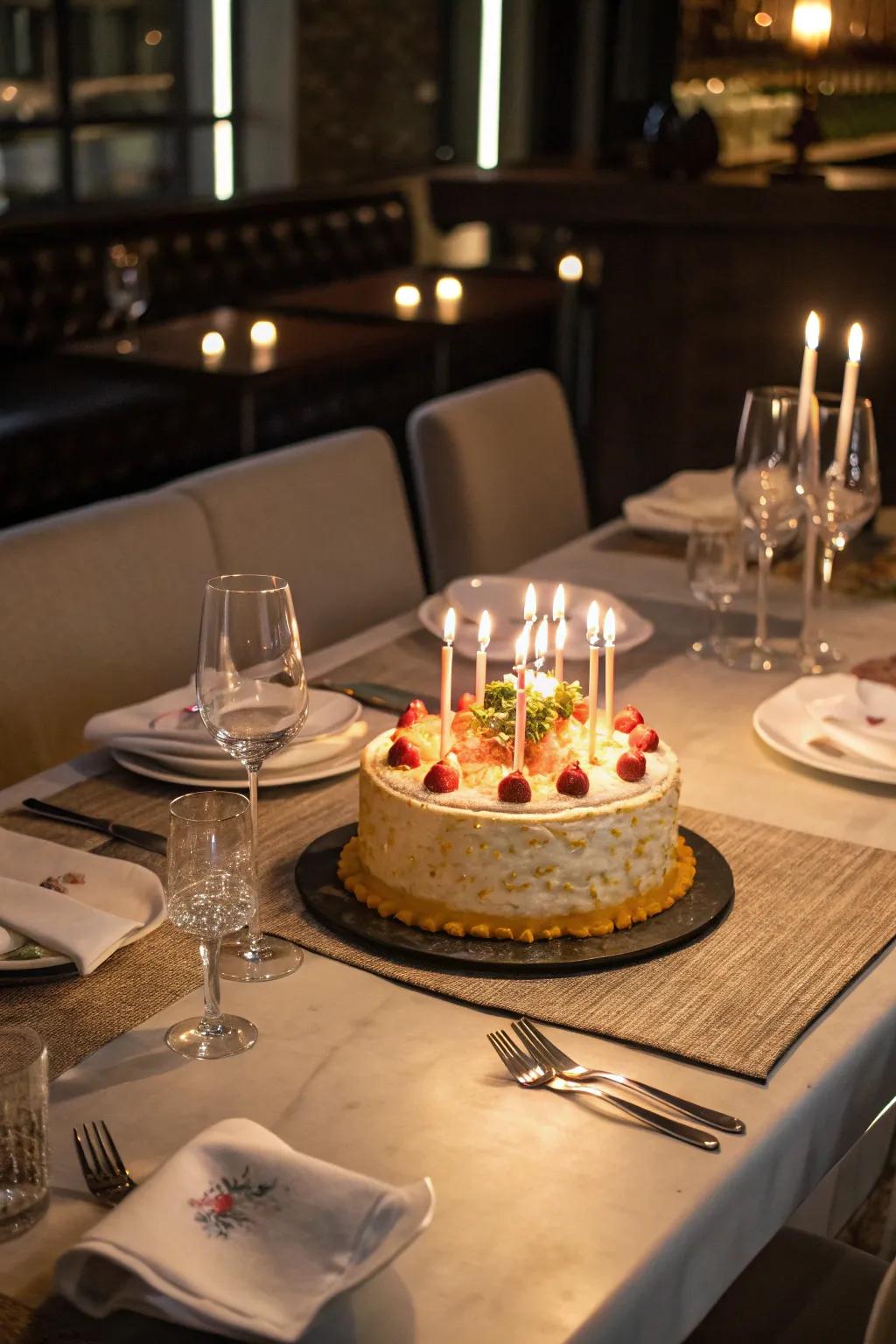 A decorated cake serves as an eye-catching centerpiece.
