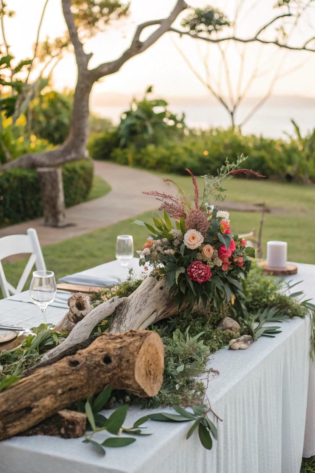 Driftwood adorned with blooms brings nature to your table.