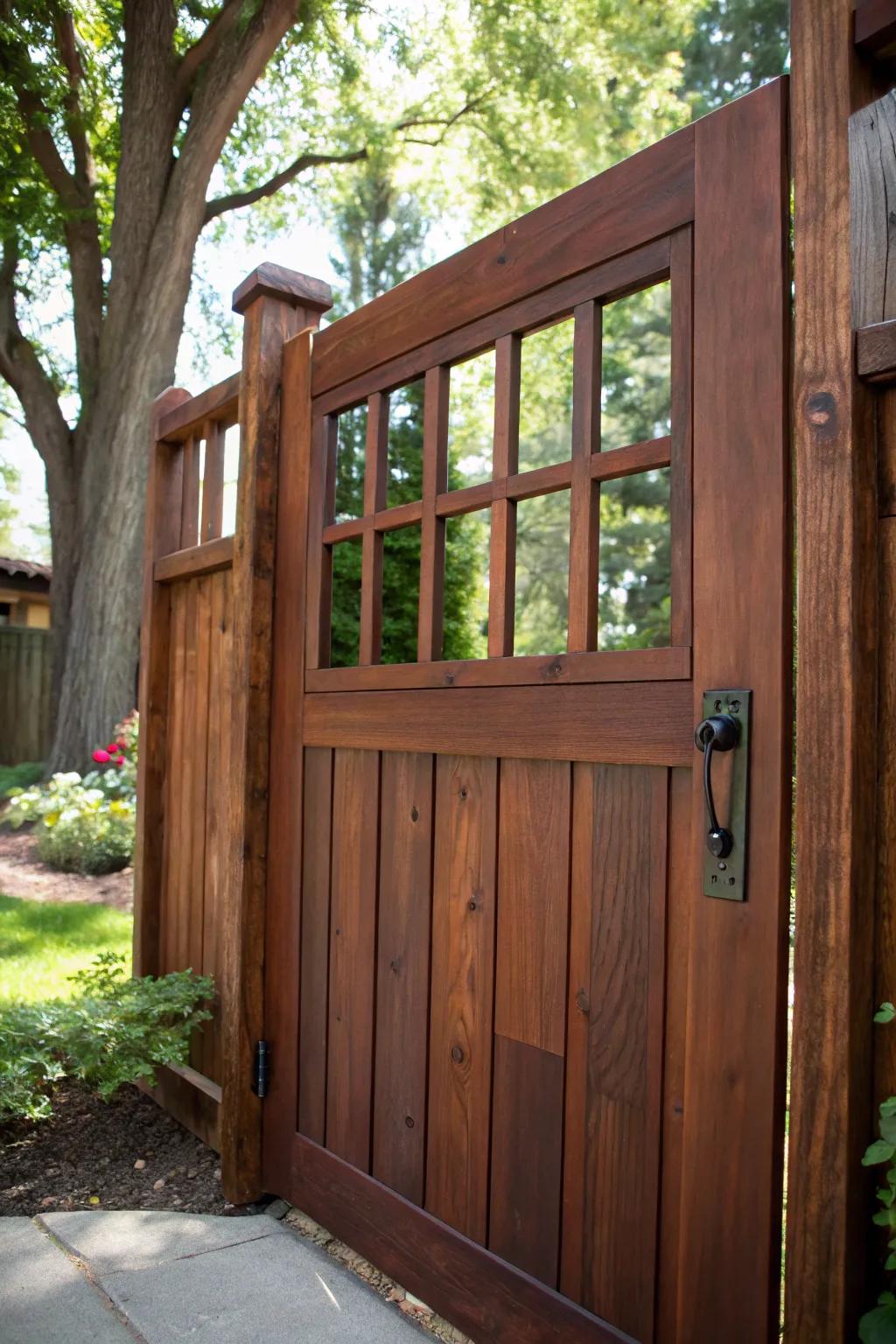Peek into elegance with a windowpane wood gate that blends craftsmanship with charm.
