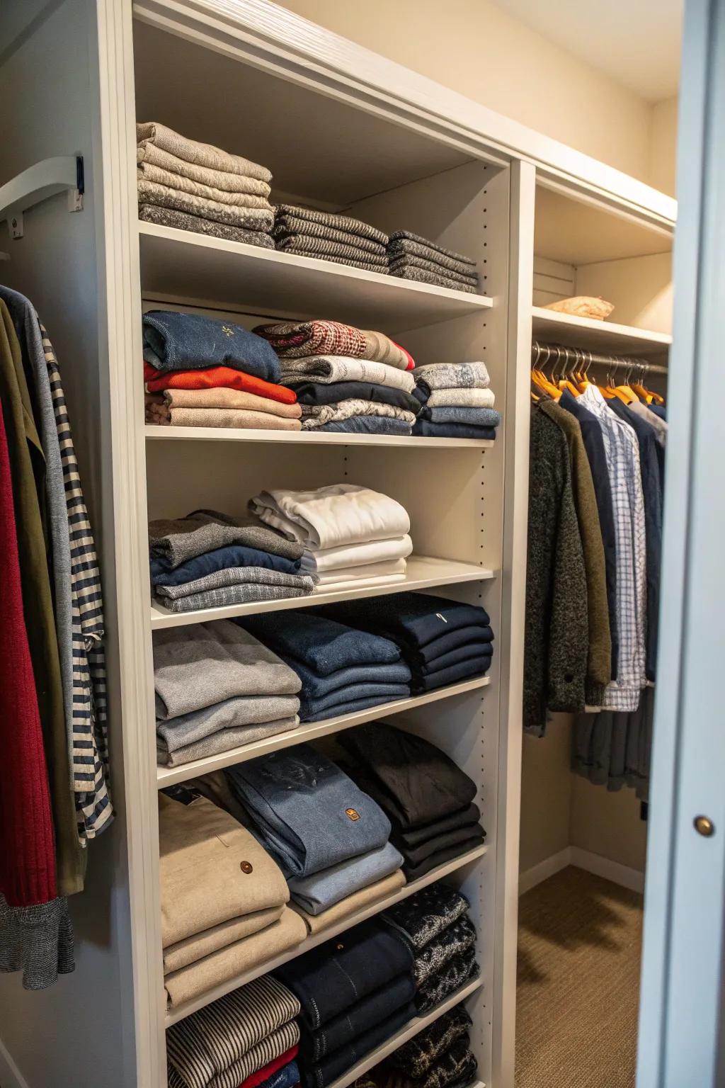 Neatly folded clothes make a closet look organized and spacious.