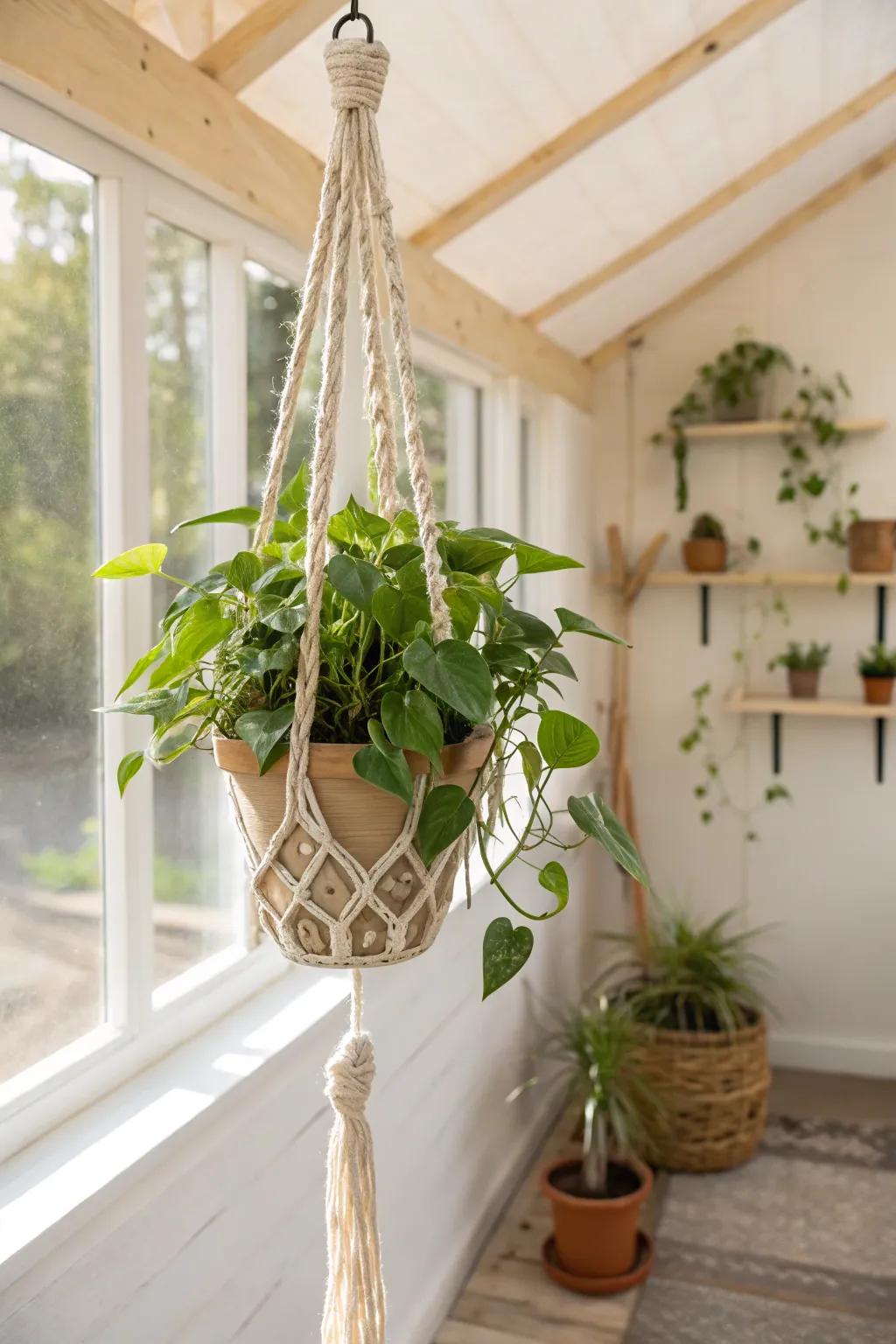 Elevate your greenhouse style with hanging boho-chic macramé planters.